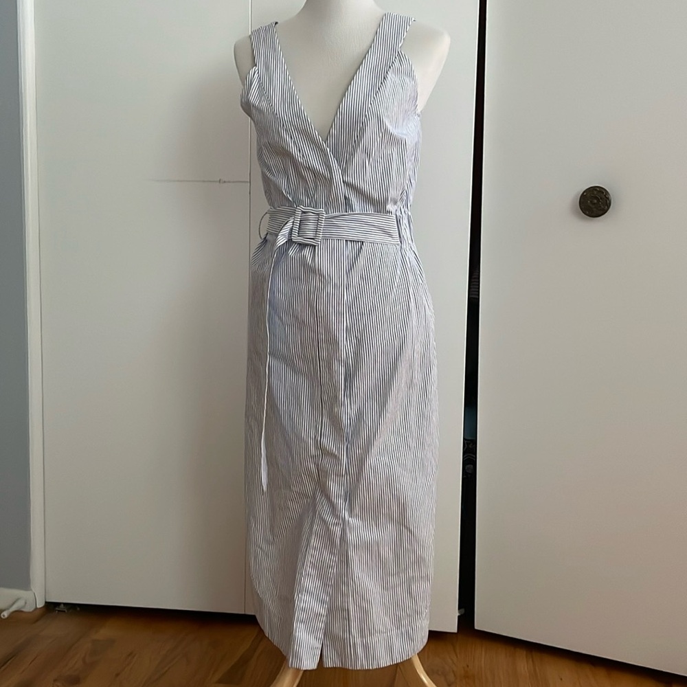 Sea New York Blue and White Pinstripe Wrap Midi Dress